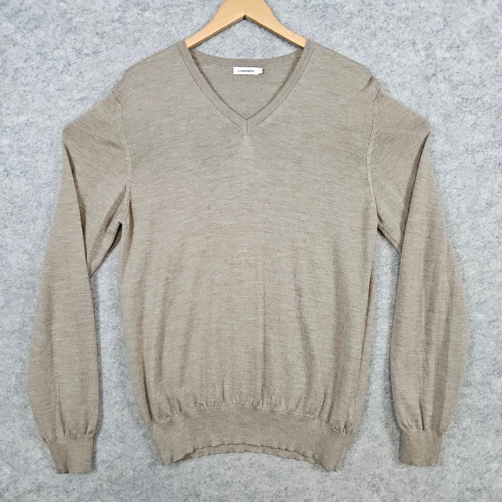J Lindeberg Men's Tan Size XL V-Neck Fine Merino Wool Sweater Pullover HOLE/SNAG